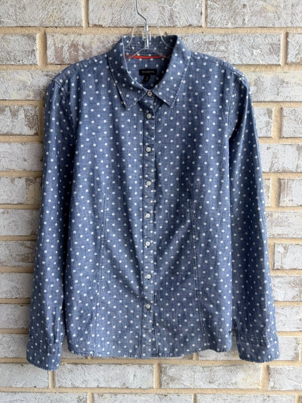 Talbots Long Sleeve Button Up Collared Polka Dot Cotton Shirt Women's Size 10
